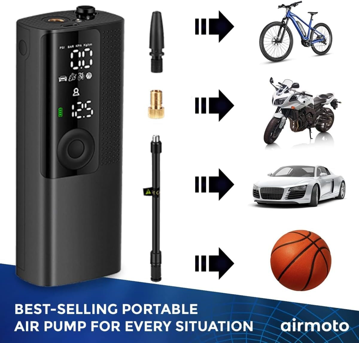 Tire Inflator Portable Air Compressor - Air Pump for Car Tires with Digital Pressure Gauge, LED Light and Auto Shut-Off Function - Cordless Pump for Car, Motorcycle, Bicycle, Balls and More