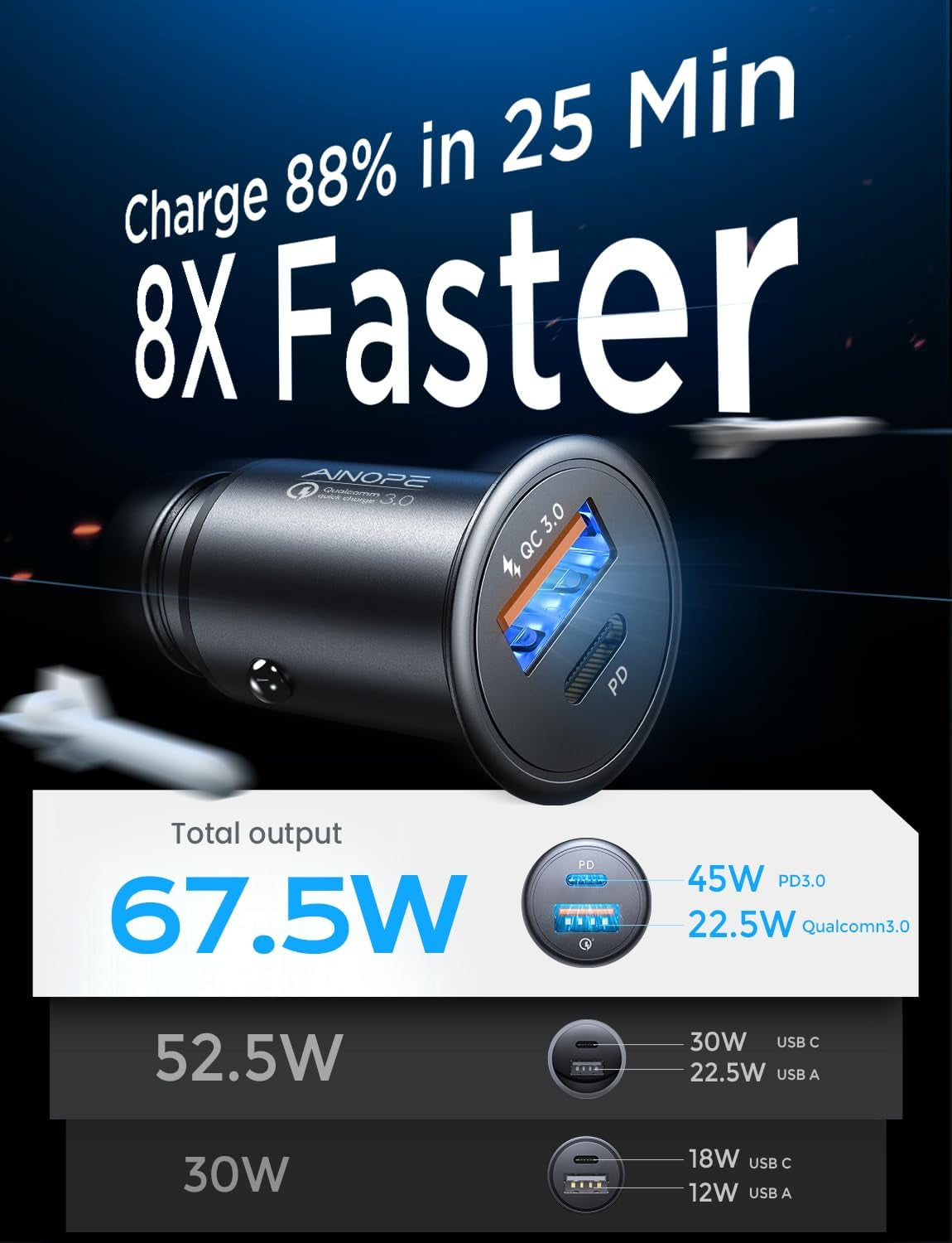 67.5W 99% Invisible Super Mini Car Charger USB C Fast Charging,All Metal Cigarette Lighter Adapter PD&QC Type C Car Charger Adapter for Iphone 16 Pro Max 15 14 13 12,Samsung Galaxy S25,Android