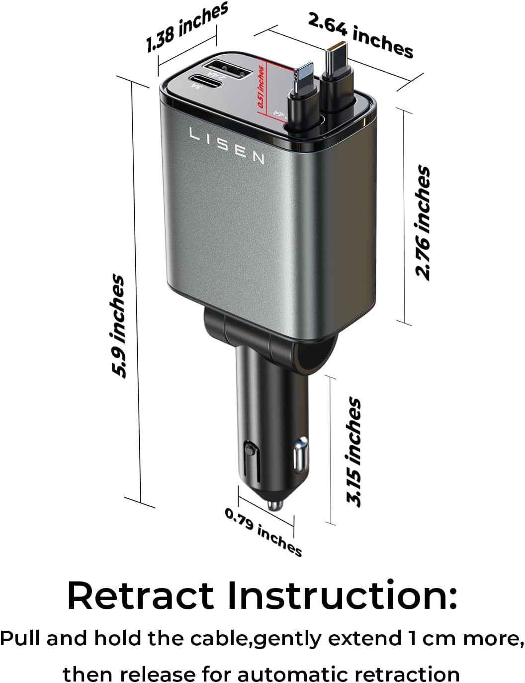 Retractable Car Charger, 69W USB C Car Accessories Adapter for Iphone 16 USB C Charger Fast Charging, Honda Civic Accessories, Travel Essentials Gifts for Women Men, for Iphone 16 15 14 13 12