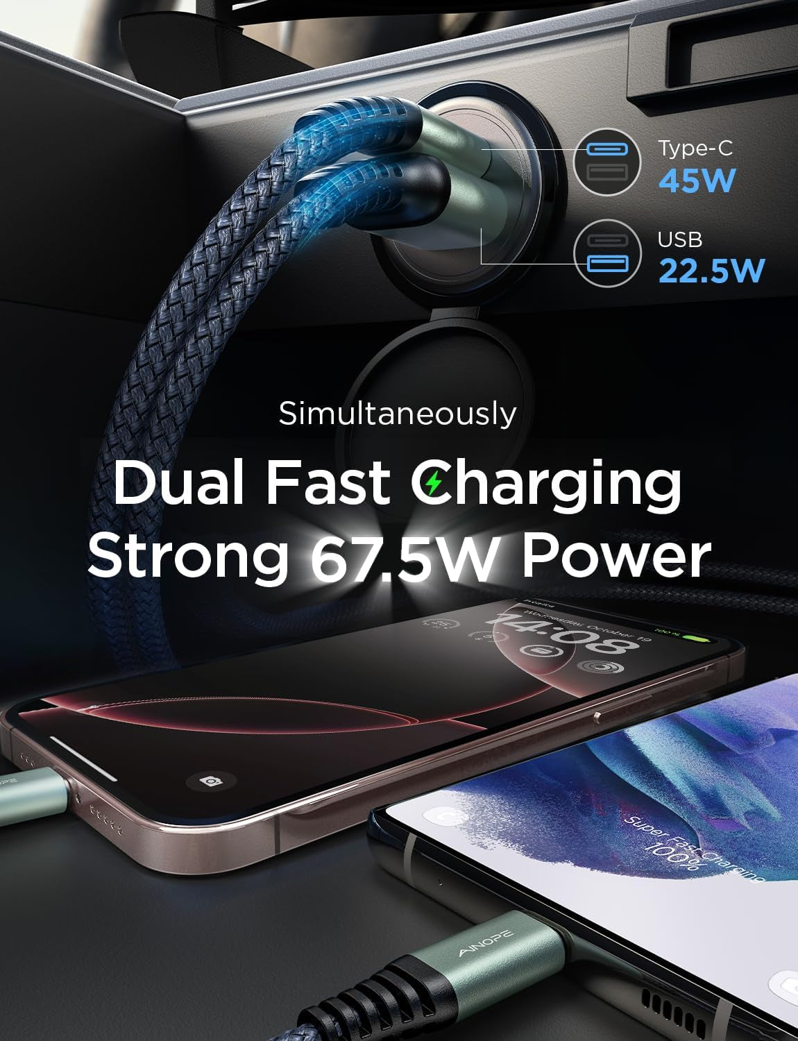 67.5W 99% Invisible Super Mini Car Charger USB C Fast Charging,All Metal Cigarette Lighter Adapter PD&QC Type C Car Charger Adapter for Iphone 16 Pro Max 15 14 13 12,Samsung Galaxy S25,Android
