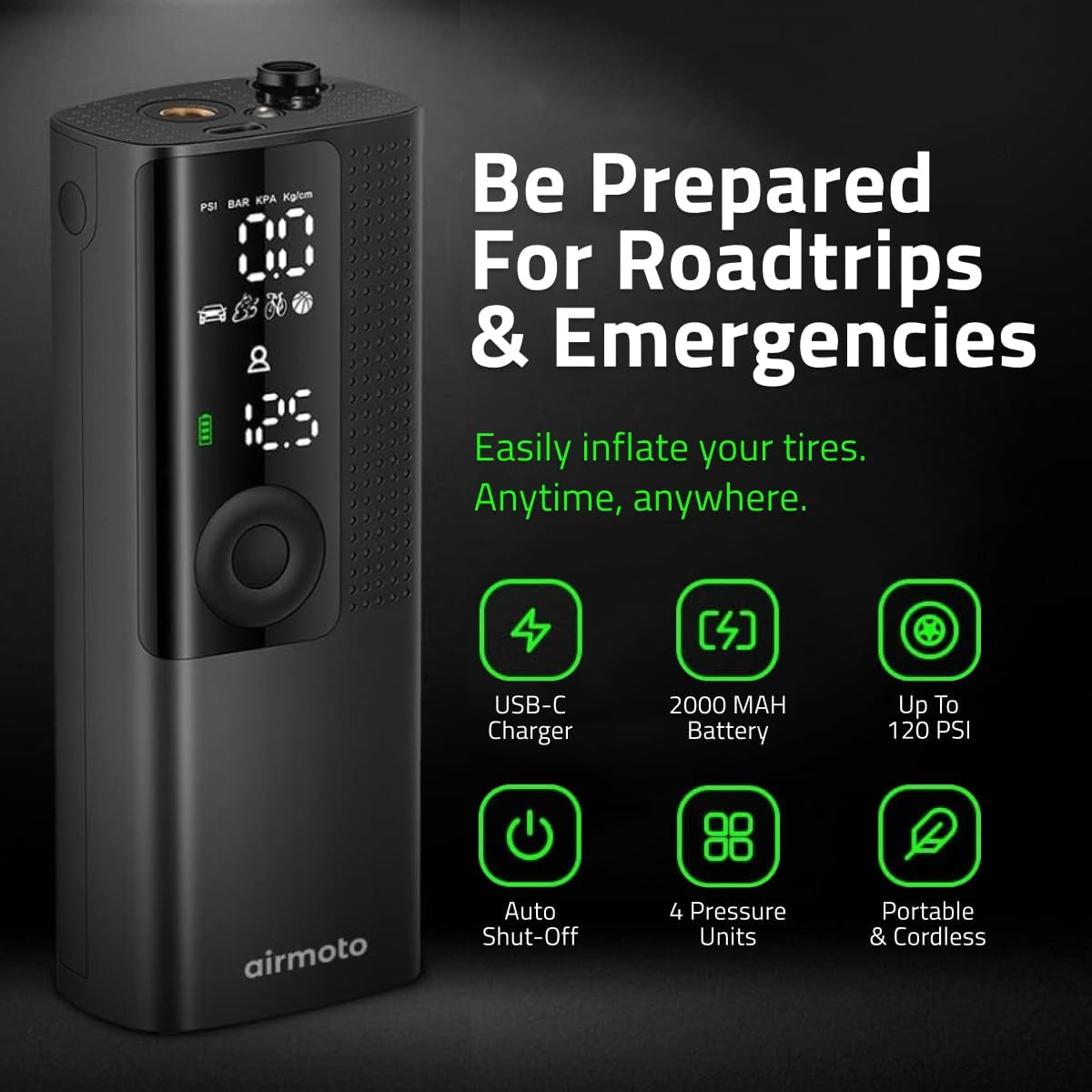 Tire Inflator Portable Air Compressor - Air Pump for Car Tires with Digital Pressure Gauge, LED Light and Auto Shut-Off Function - Cordless Pump for Car, Motorcycle, Bicycle, Balls and More