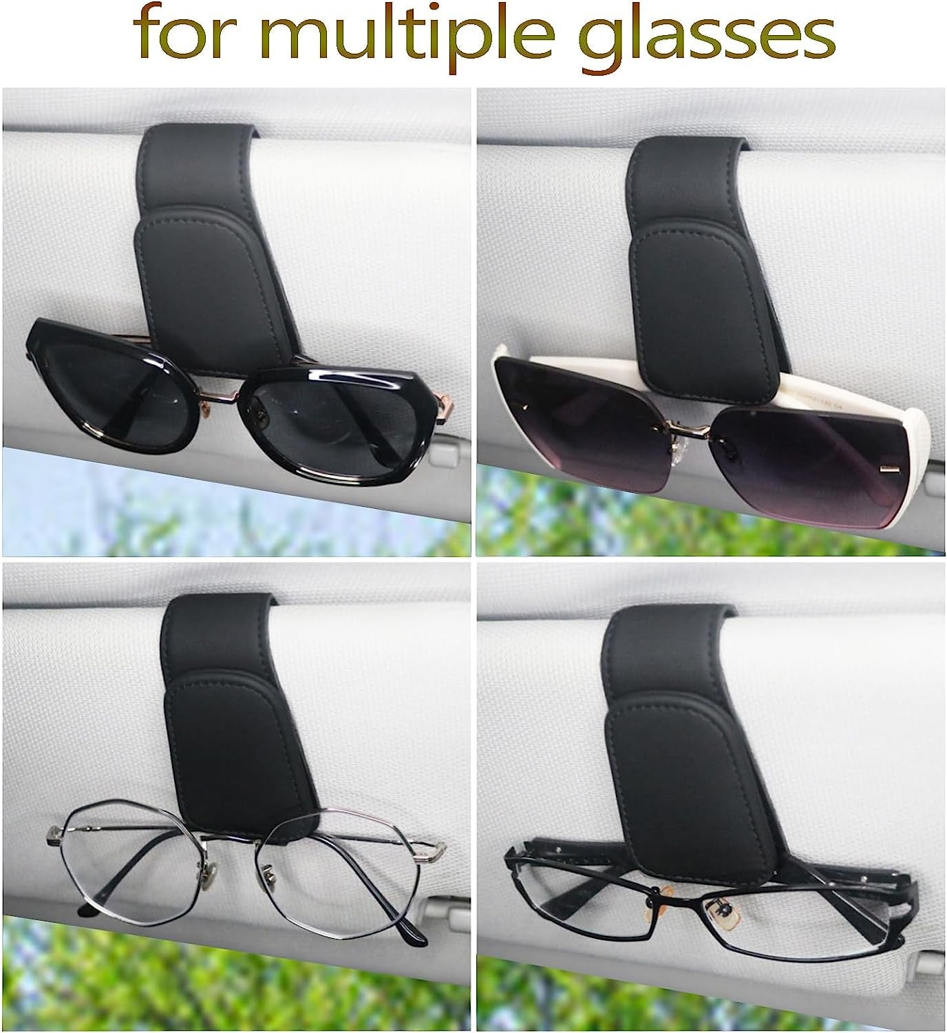 Magnetic Leather Sunglass Holder for Car, Sunglasses Clip for Car Visor, Auto Interior Accessories Universal for Different Size Eyeglasses (Black)