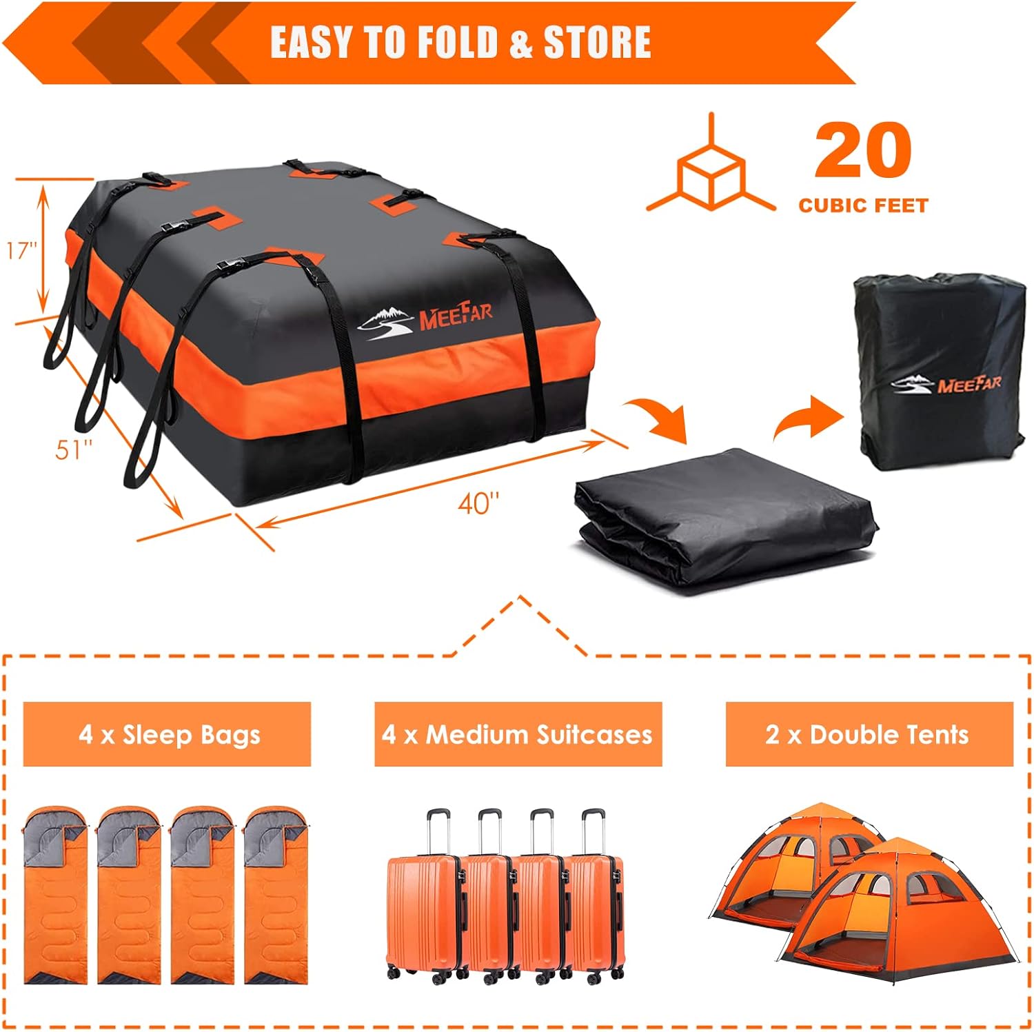 Car Roof Bag XBEEK Rooftop Top Cargo Carrier Bag 20 Cubic Feet Waterproof for All Cars With/Without Rack, Includes Anti-Slip Mat, 10 Reinforced Straps, 6 Door Hooks, Luggage Lock