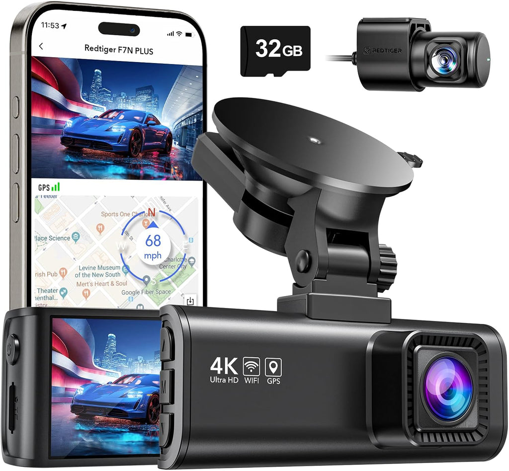 Dash Cam Front Rear, 4K/2.5K Full HD Dash Camera for Cars, Included 32GB Card, Built-In Wi-Fi GPS, APP Control, 3.18" IPS Screen, Night Vision, Wide Angle, WDR, 24H Parking Mode(F7Np)