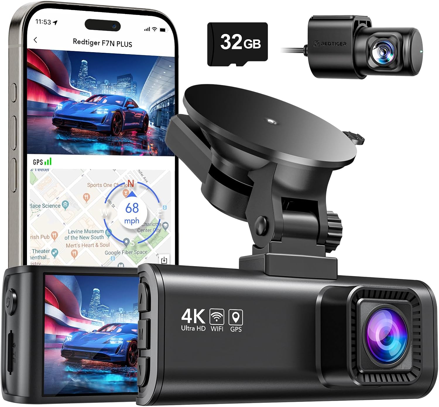 Dash Cam Front Rear, 4K/2.5K Full HD Dash Camera for Cars, Included 32GB Card, Built-In Wi-Fi GPS, APP Control, 3.18" IPS Screen, Night Vision, Wide Angle, WDR, 24H Parking Mode(F7Np)