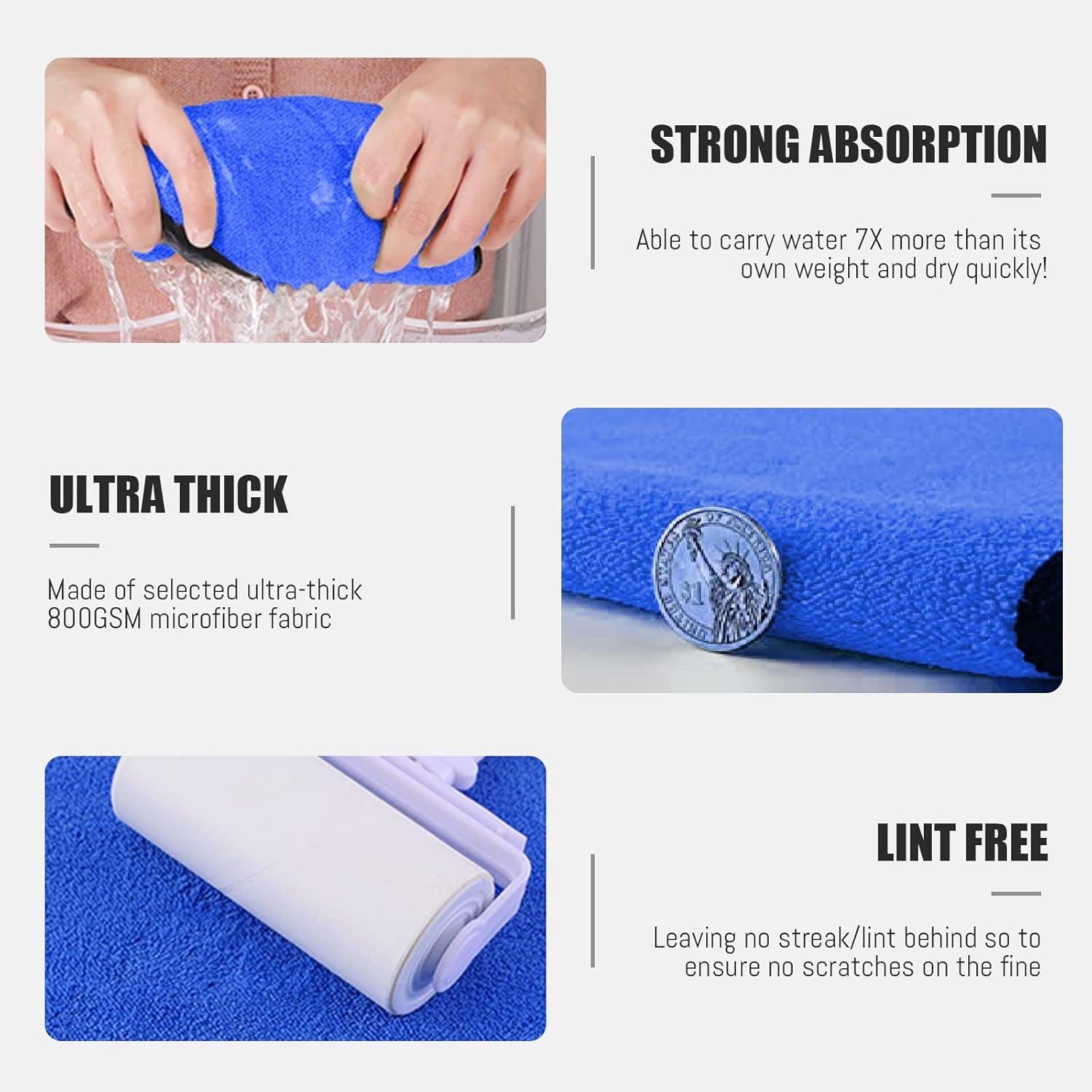 Microfiber Towels for Cars Wash Drying 800GSM Thick Plush Cleaning Cloth Auto Detailing Super Absorbent for Interior & Exterior Lint Free, Streak Free, 16" X 16", Pack of 4