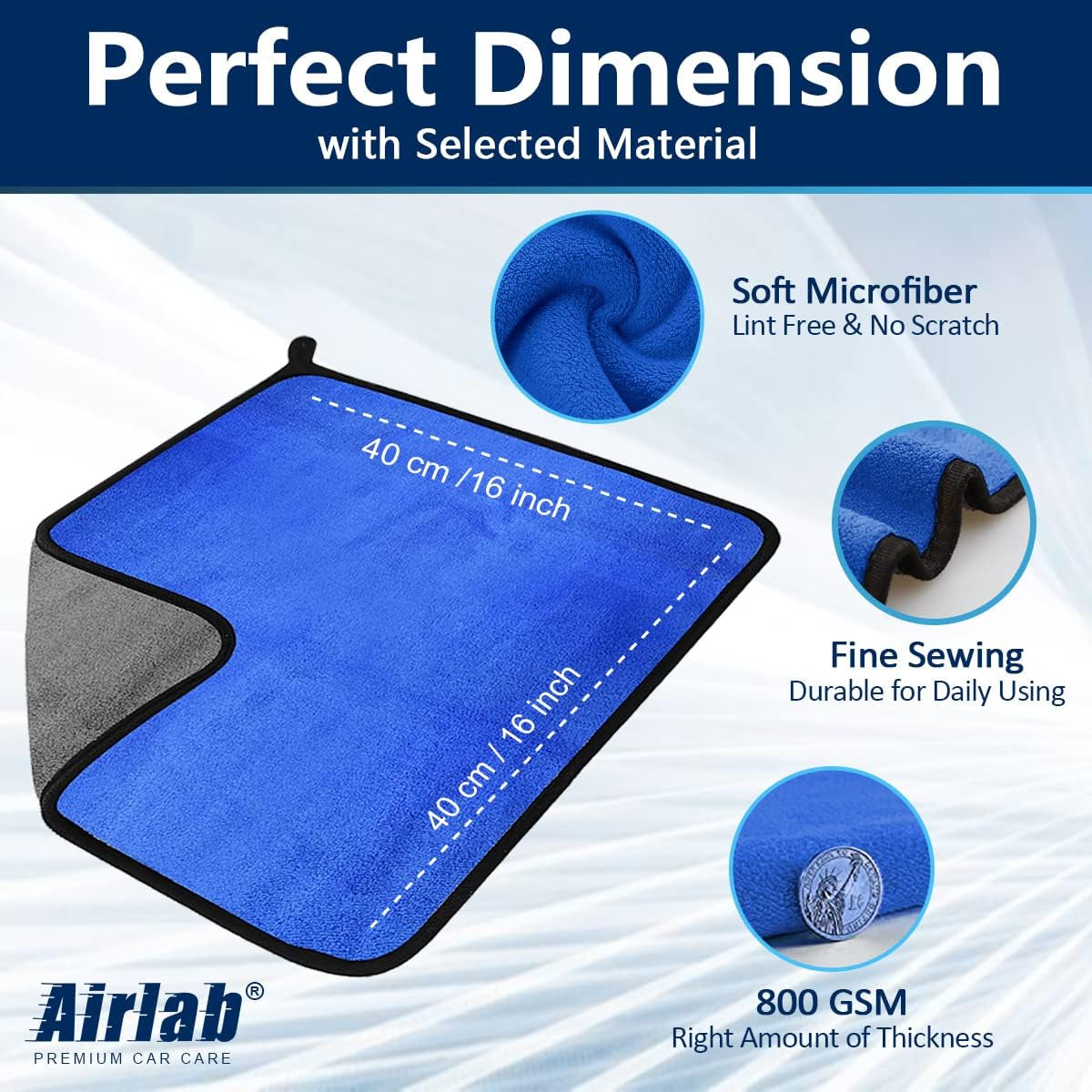 Microfiber Towels for Cars Wash Drying 800GSM Thick Plush Cleaning Cloth Auto Detailing Super Absorbent for Interior & Exterior Lint Free, Streak Free, 16" X 16", Pack of 4