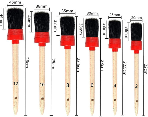 11Pcs Auto Detailing Set, Boar Hair Brushes, Steel Wire & A/C Brushes, Red, Soft Bristles, Wood Handles for Cleaning Interior, Exterior, Leather, 6 Sizes