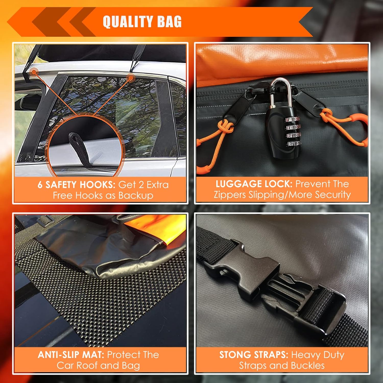 Car Roof Bag XBEEK Rooftop Top Cargo Carrier Bag 20 Cubic Feet Waterproof for All Cars With/Without Rack, Includes Anti-Slip Mat, 10 Reinforced Straps, 6 Door Hooks, Luggage Lock