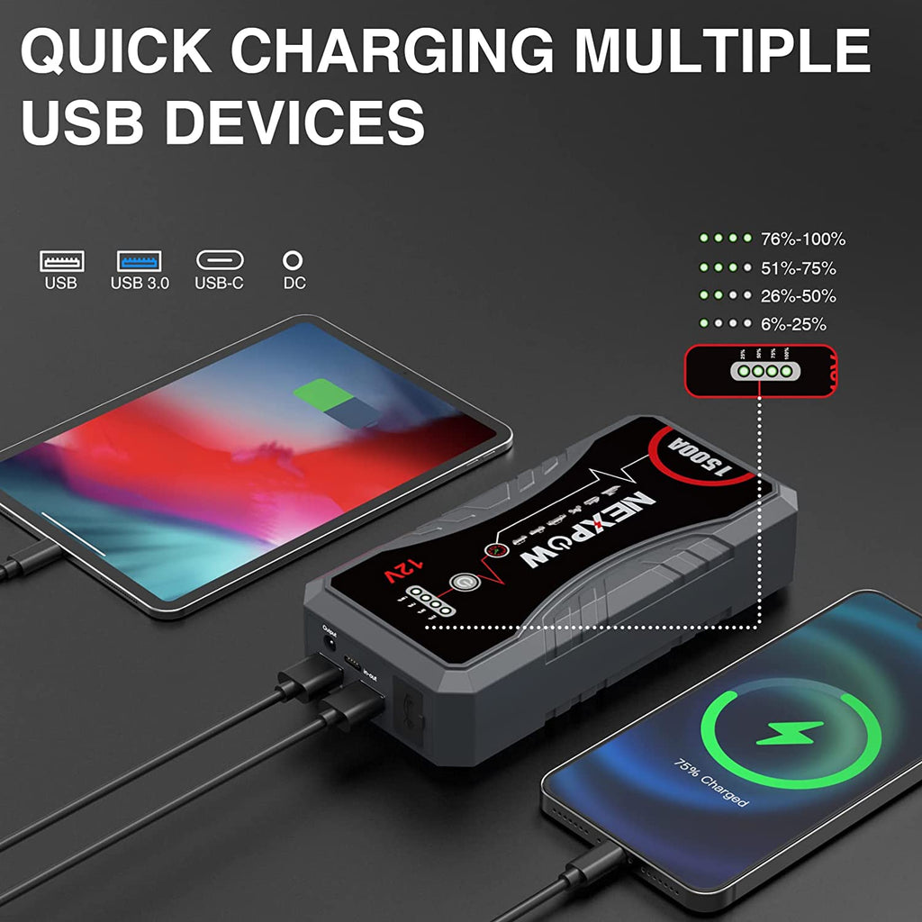 Car Jump Starter Car Battery Jump Starter Pack 1500A Peak Q10S for up to 7.0L Gas and 5.5L Diesel Engine12V Auto Battery Booster,Jumper Cables Portable Lithium Jump Box with LED Light/Usb QC3.0