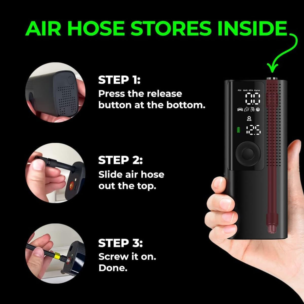 Tire Inflator Portable Air Compressor - Air Pump for Car Tires with Digital Pressure Gauge, LED Light and Auto Shut-Off Function - Cordless Pump for Car, Motorcycle, Bicycle, Balls and More
