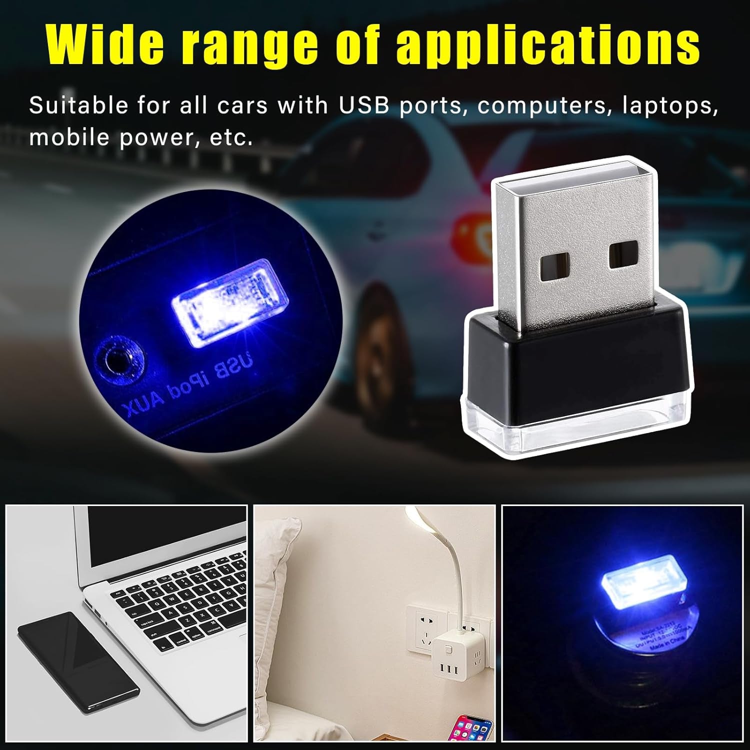 4 PCS USB LED Car Interior Atmosphere Lamp, Plug-In USB Decor Night Light, Portable Auto Ambient Lighting Kit, Universal Vehicle Interior Accessories for Most Cars (Blue)