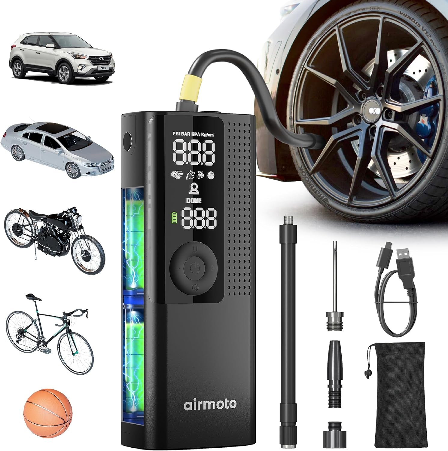 Tire Inflator Portable Air Compressor - Air Pump for Car Tires with Digital Pressure Gauge, LED Light and Auto Shut-Off Function - Cordless Pump for Car, Motorcycle, Bicycle, Balls and More