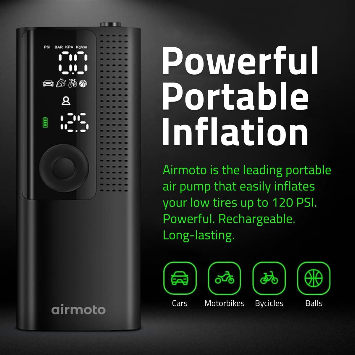 Tire Inflator Portable Air Compressor - Air Pump for Car Tires with Digital Pressure Gauge, LED Light and Auto Shut-Off Function - Cordless Pump for Car, Motorcycle, Bicycle, Balls and More