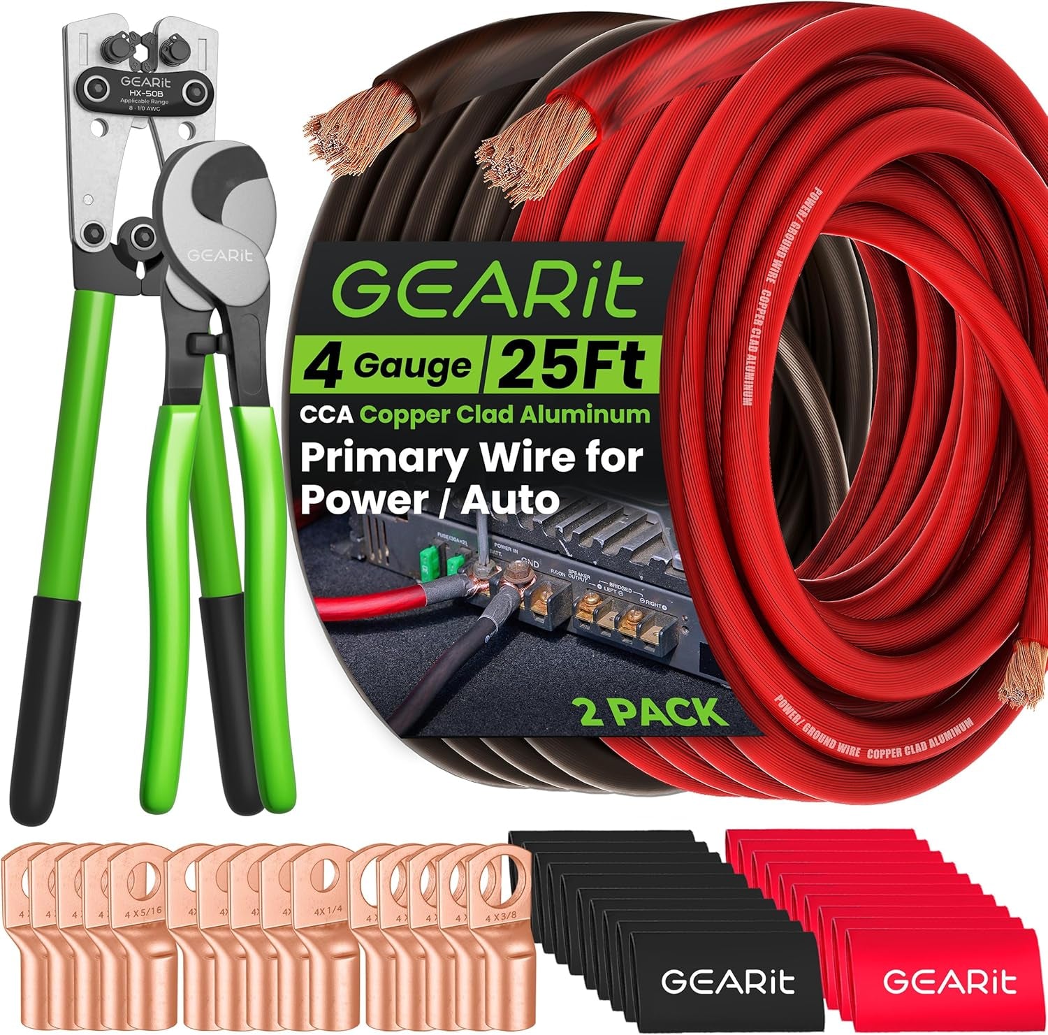 4 Gauge CCA Ground Wire (25FT Each - Black and Red) All-In-One Kit: Crimping Tool, Cutter, 15 Lugs, and 20 Heat Shrink Wrap