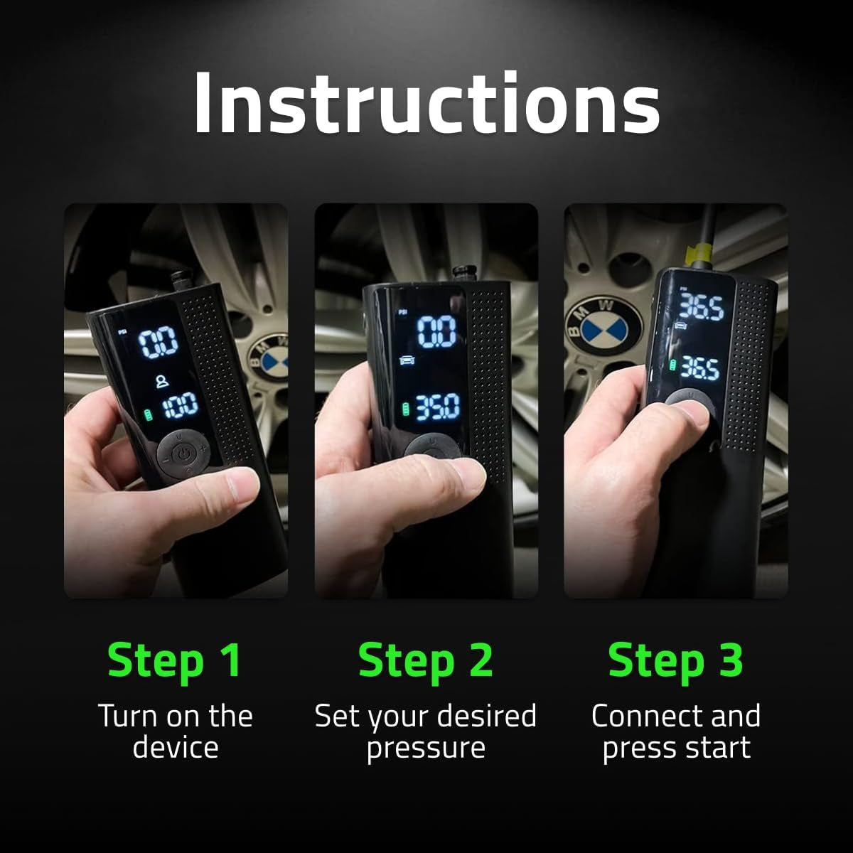 Tire Inflator Portable Air Compressor - Air Pump for Car Tires with Digital Pressure Gauge, LED Light and Auto Shut-Off Function - Cordless Pump for Car, Motorcycle, Bicycle, Balls and More