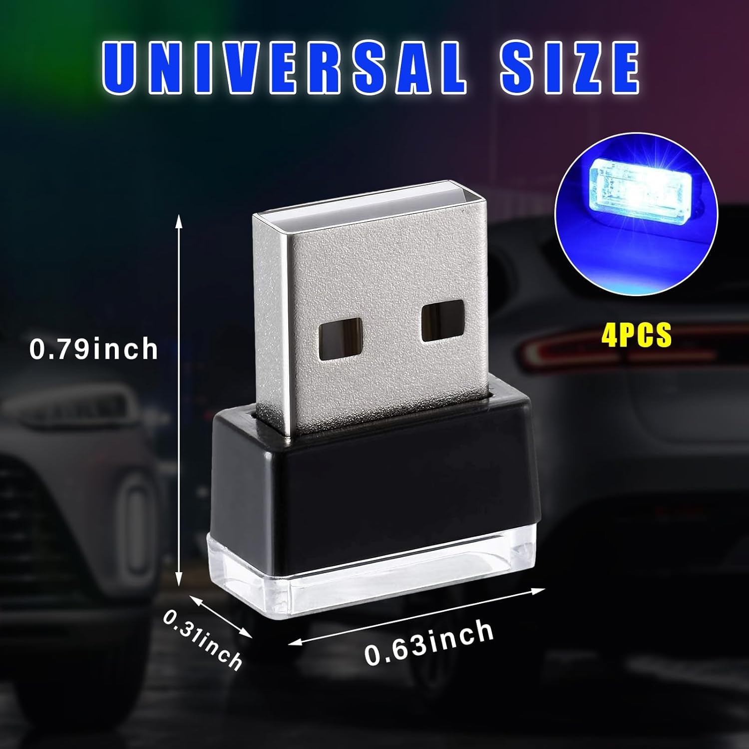 4 PCS USB LED Car Interior Atmosphere Lamp, Plug-In USB Decor Night Light, Portable Auto Ambient Lighting Kit, Universal Vehicle Interior Accessories for Most Cars (Blue)