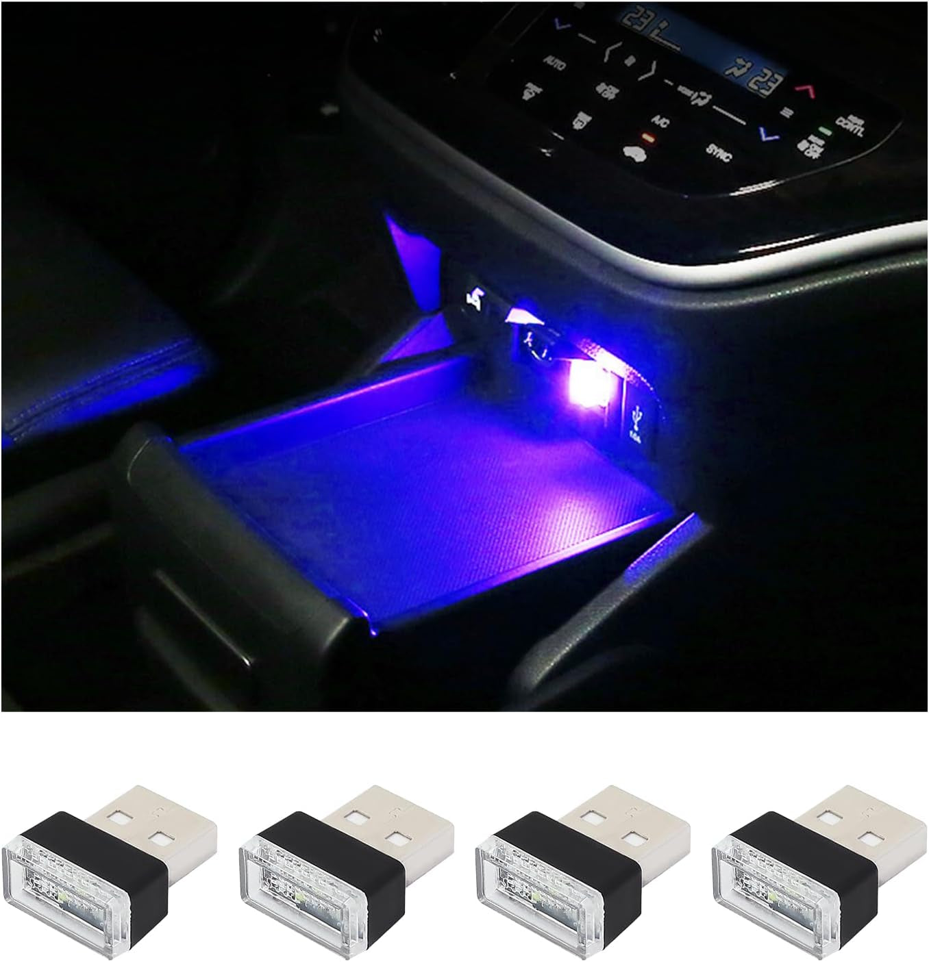 4 PCS USB LED Car Interior Atmosphere Lamp, Plug-In USB Decor Night Light, Portable Auto Ambient Lighting Kit, Universal Vehicle Interior Accessories for Most Cars (Blue)